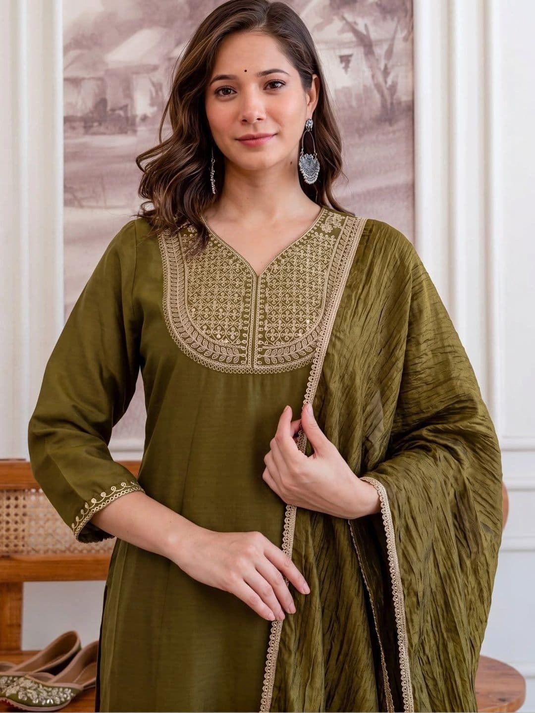 Shree Ramkrishna Fab Women Ethnic Motifs Embroidered Regular Thread Work Kurta with Trousers & With Dupatta thumbnail 3