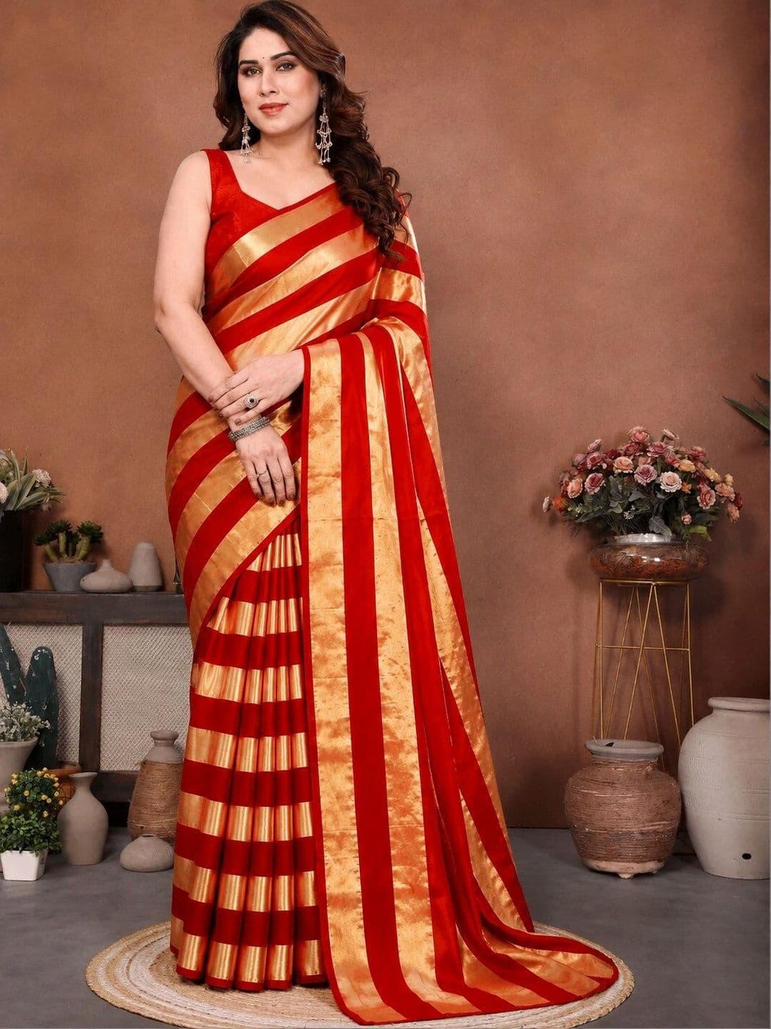 Zenofab Striped Zari Satin Leheriya Saree - view 1