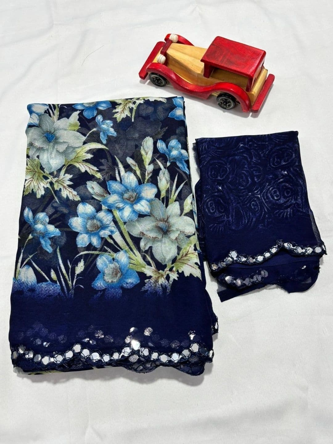 Fashion Mantra Floral Mirror Work Poly Georgette Saree thumbnail 2