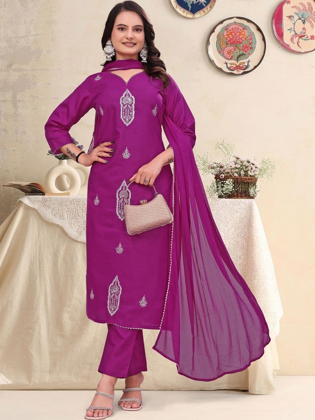 JOGAN Women Ethnic Motifs Embroidered Regular Thread Work Kurta with Trousers & With Dupatta - view 1