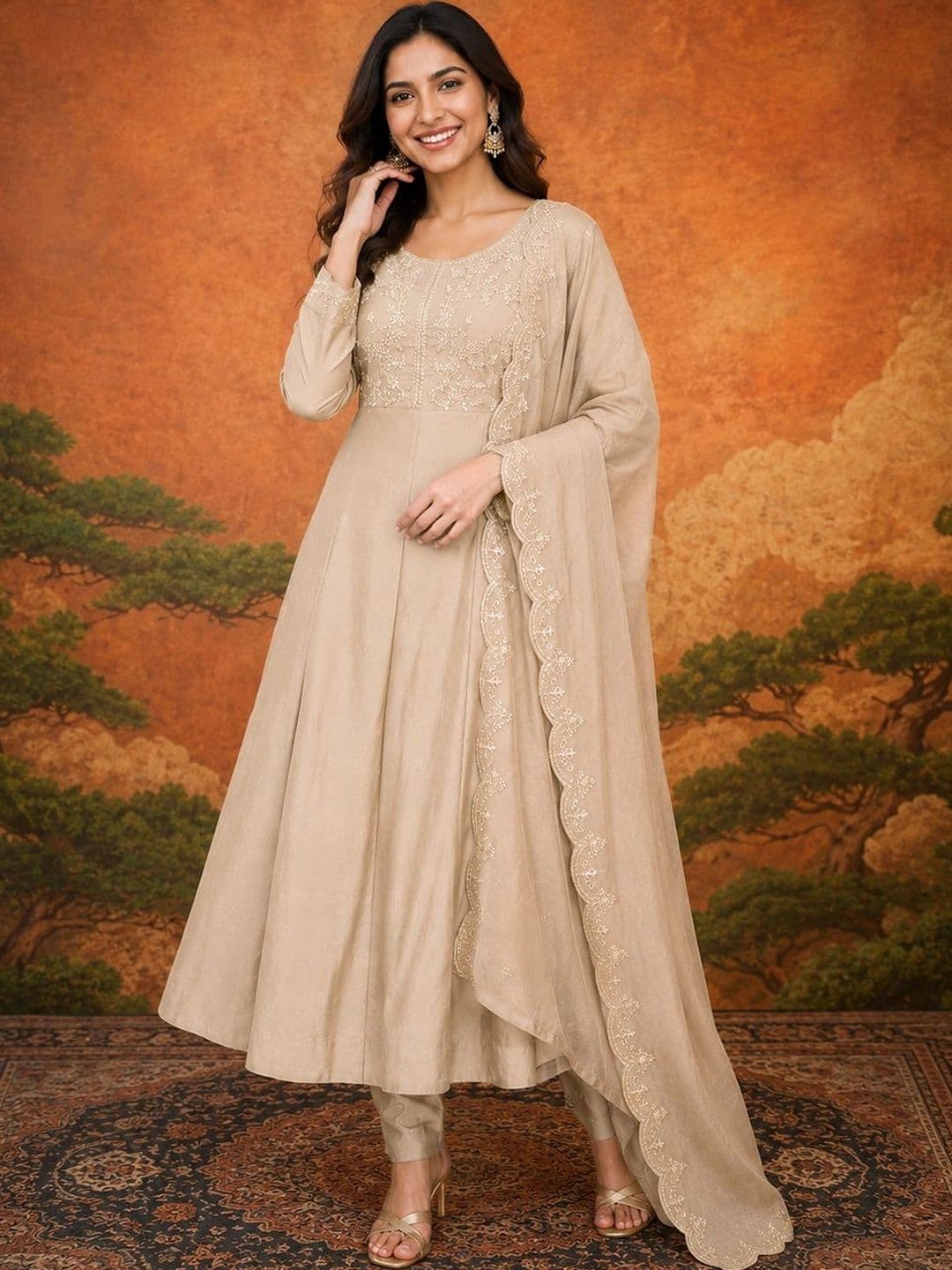 SAINOOR Women Ethnic Motifs Embroidered Empire Thread Work Kurta with Churidar & With Dupatta - view 1