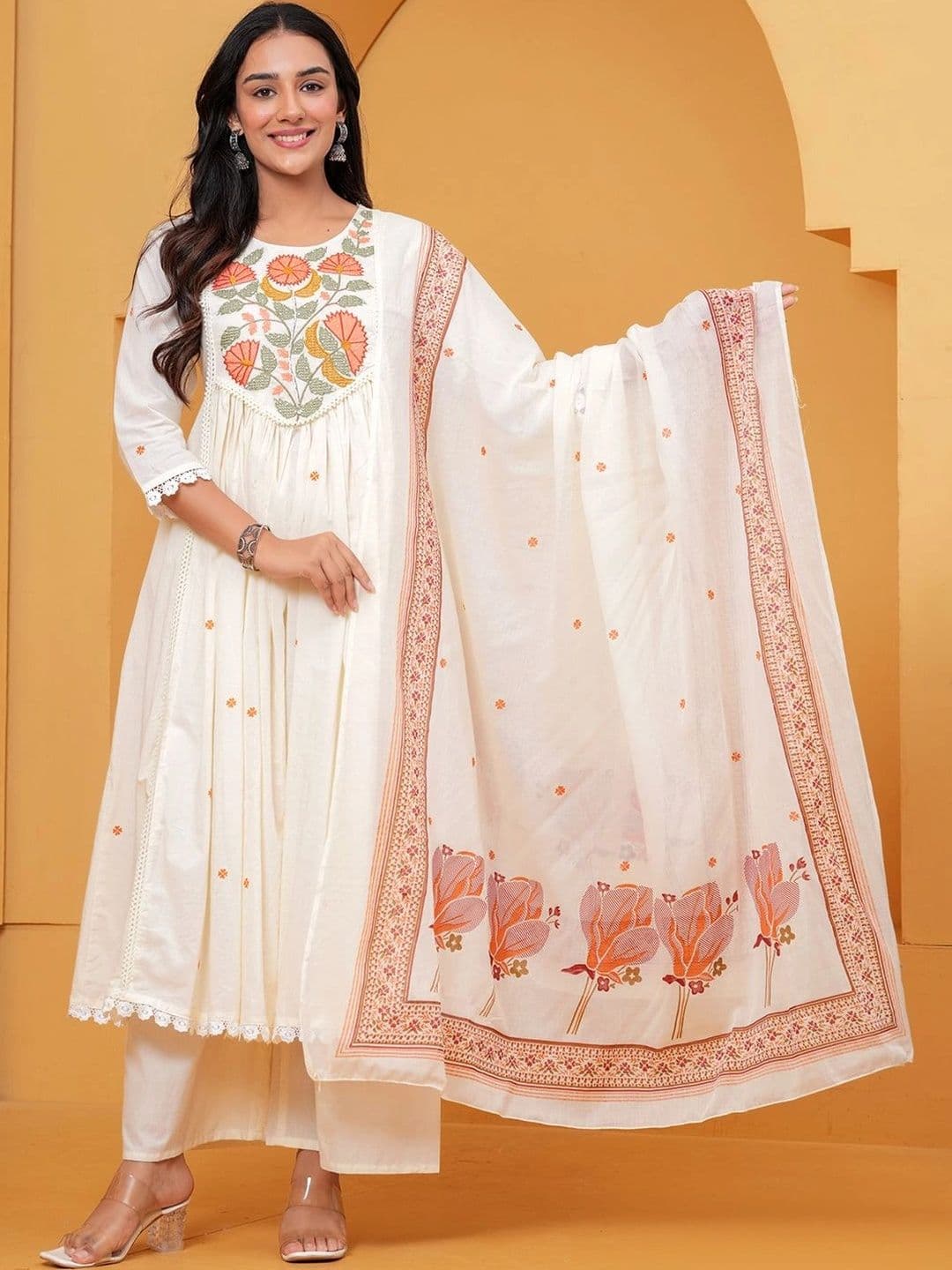 Anouk Women Floral Embroidered Empire Thread Work Pure Cotton Kurta with Palazzos & With Dupatta - view 1