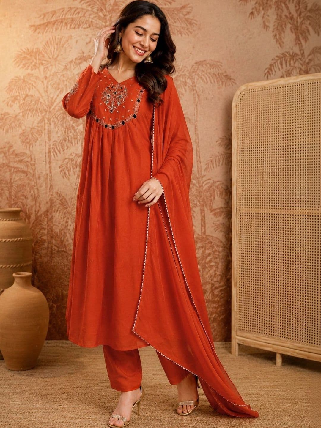 SAINOOR Women Ethnic Motifs Embroidered Empire Thread Work Kurta with Trousers & With Dupatta thumbnail 6