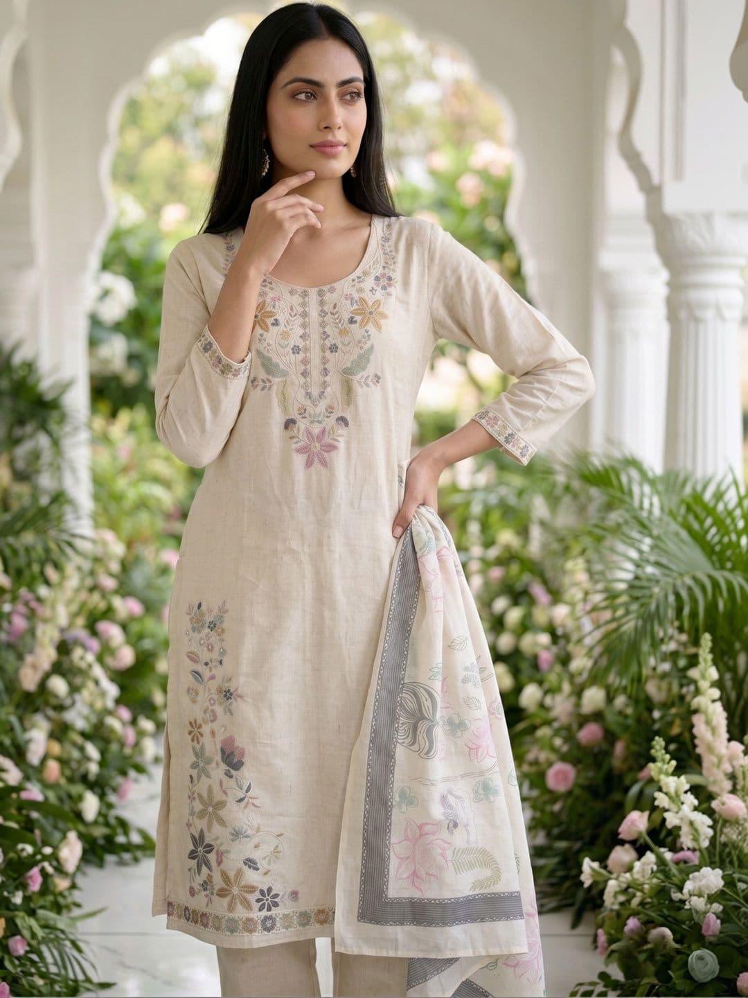 MATMA FASHION Women Floral Embroidered Regular Thread Work Pure Cotton Kurta with Trousers & With Dupatta thumbnail 3