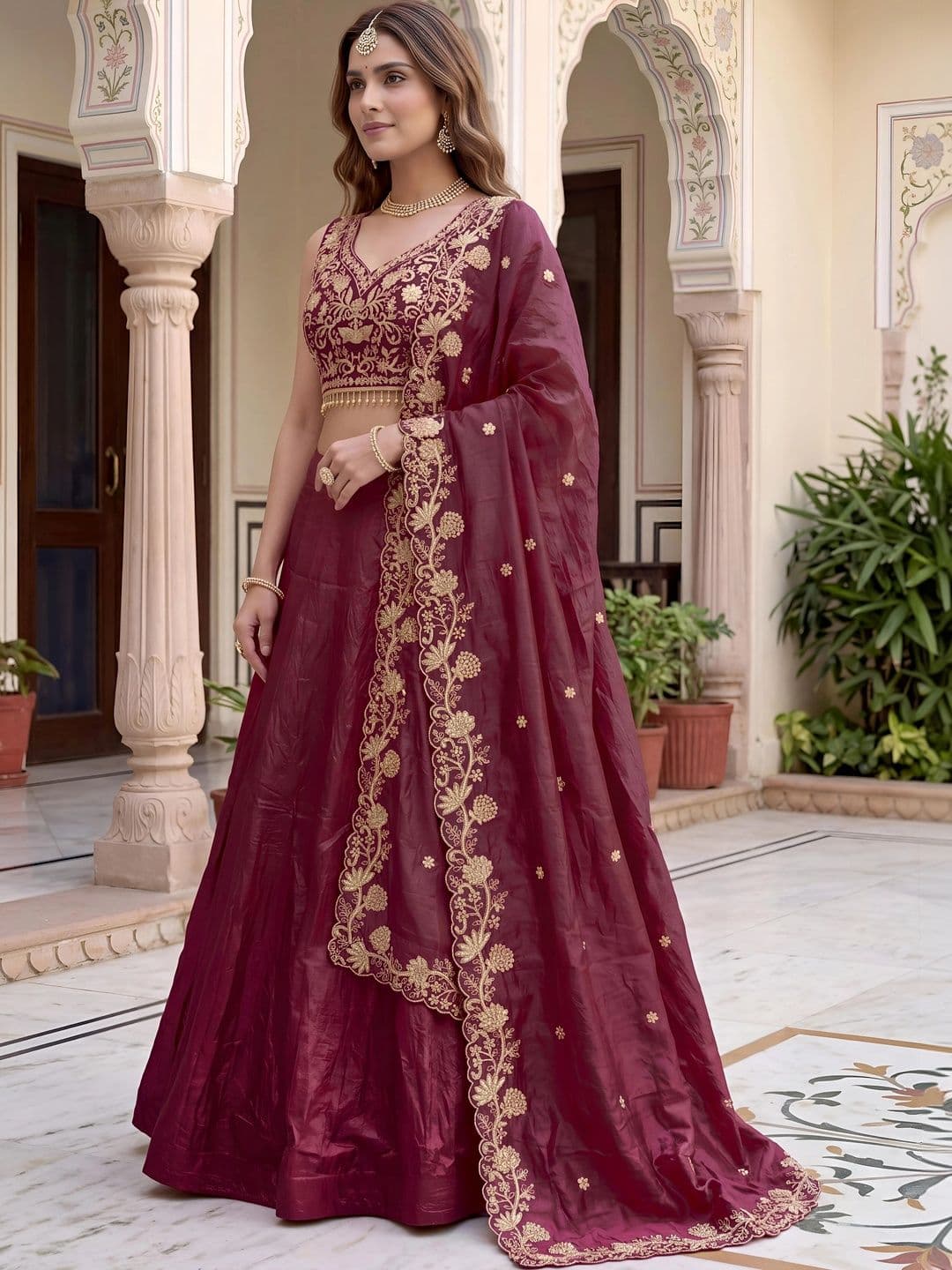 ETHNIC PLUS Embroidered Thread Work Semi-Stitched Lehenga & Unstitched Blouse With Dupatta thumbnail 6