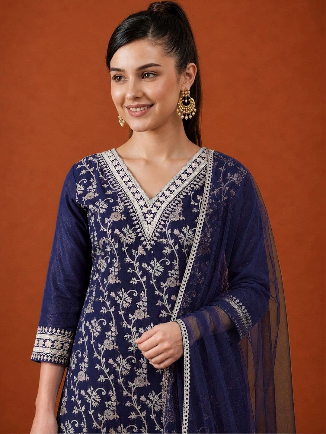 SAINOOR Women Ethnic Motifs Embroidered Regular Thread Work Kurta with Trousers & With Dupatta thumbnail 5