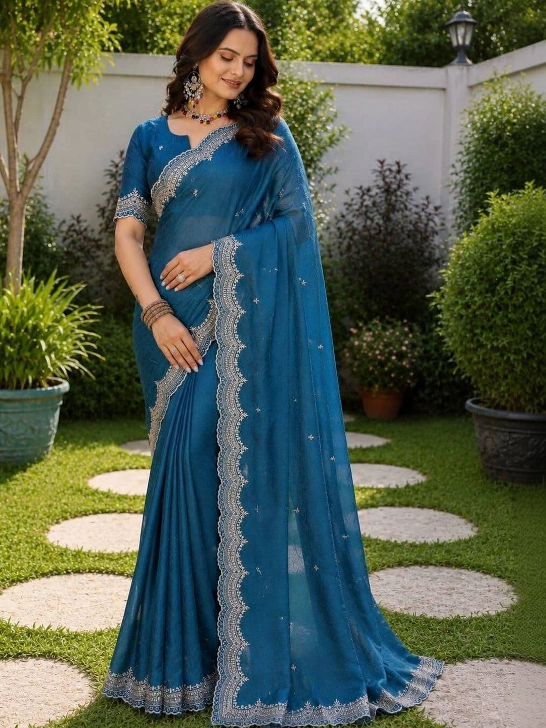 Vastra Drape Ethnic Motifs Embroidered Poly Georgette Saree thumbnail 4
