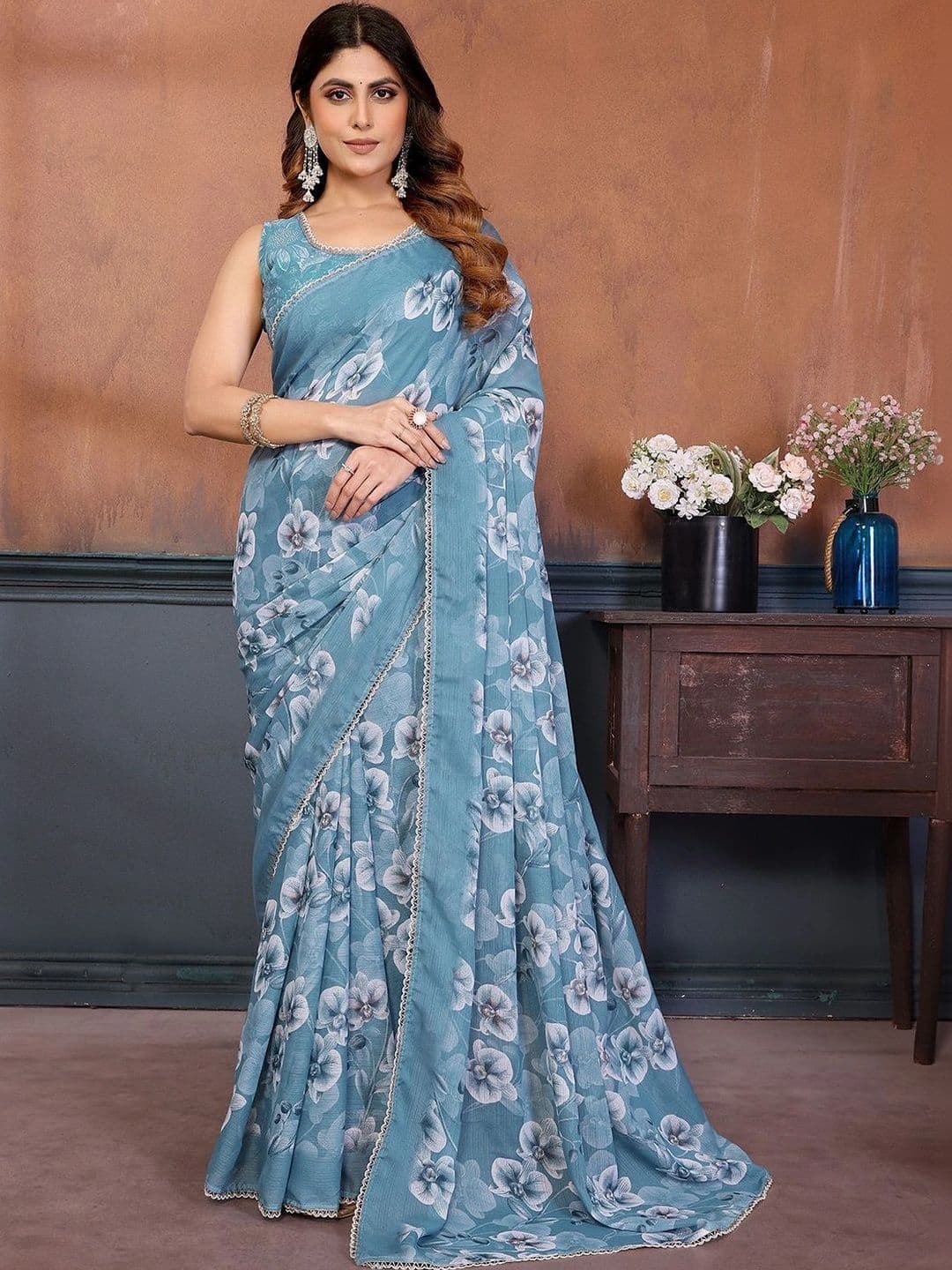 Urban Pallu Floral Pure Chiffon Designer Saree - view 1