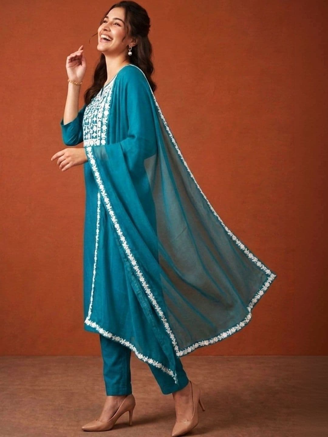 SAINOOR Women Ethnic Motifs Embroidered Regular Thread Work Kurta with Trousers & With Dupatta thumbnail 4