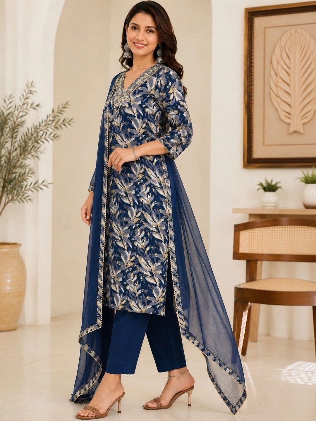 CHARVISCHOICE Women Ethnic Motifs Printed Regular Thread Work Kurta with Trousers & With Dupatta thumbnail 5