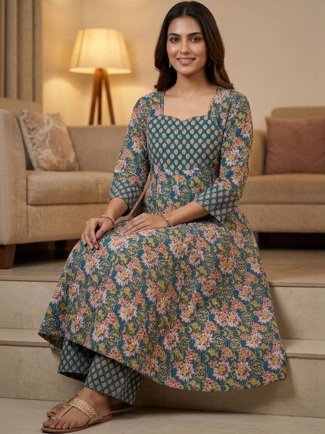 Sangria Women Floral Printed Empire Pure Cotton Kurta with Palazzos thumbnail 2