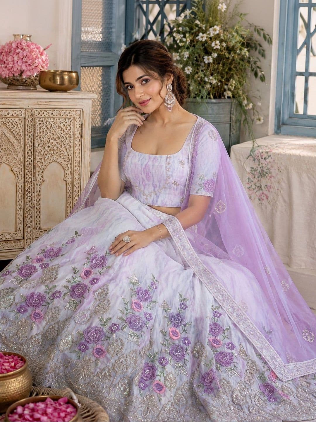 Indi INSIDE Dyed Thread Work Semi-Stitched Lehenga & Unstitched Blouse With Dupatta thumbnail 3
