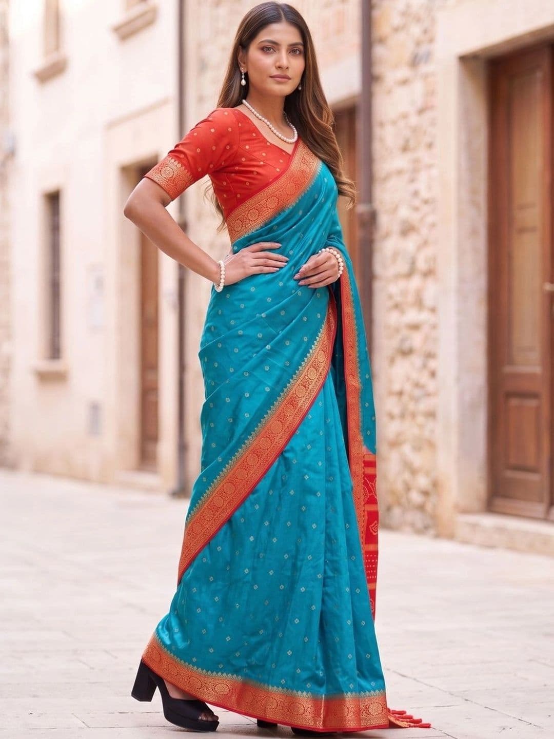 SOURAGYA Ethnic Motifs Zari Satin Banarasi Saree thumbnail 5