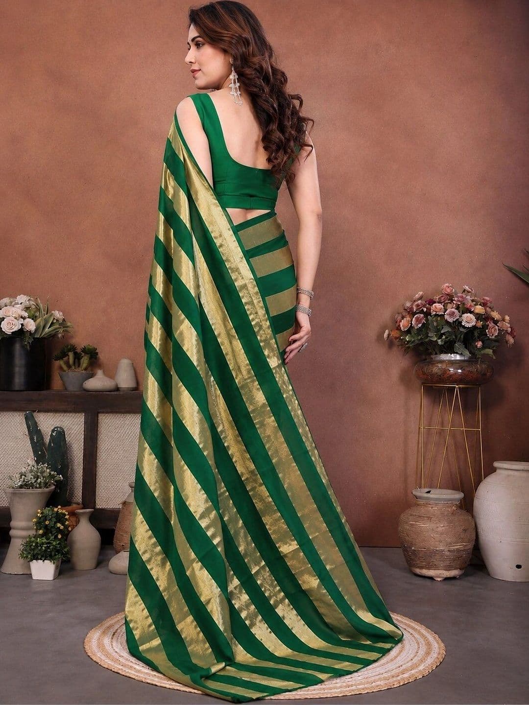 Zenofab Striped Zari Satin Leheriya Saree thumbnail 2