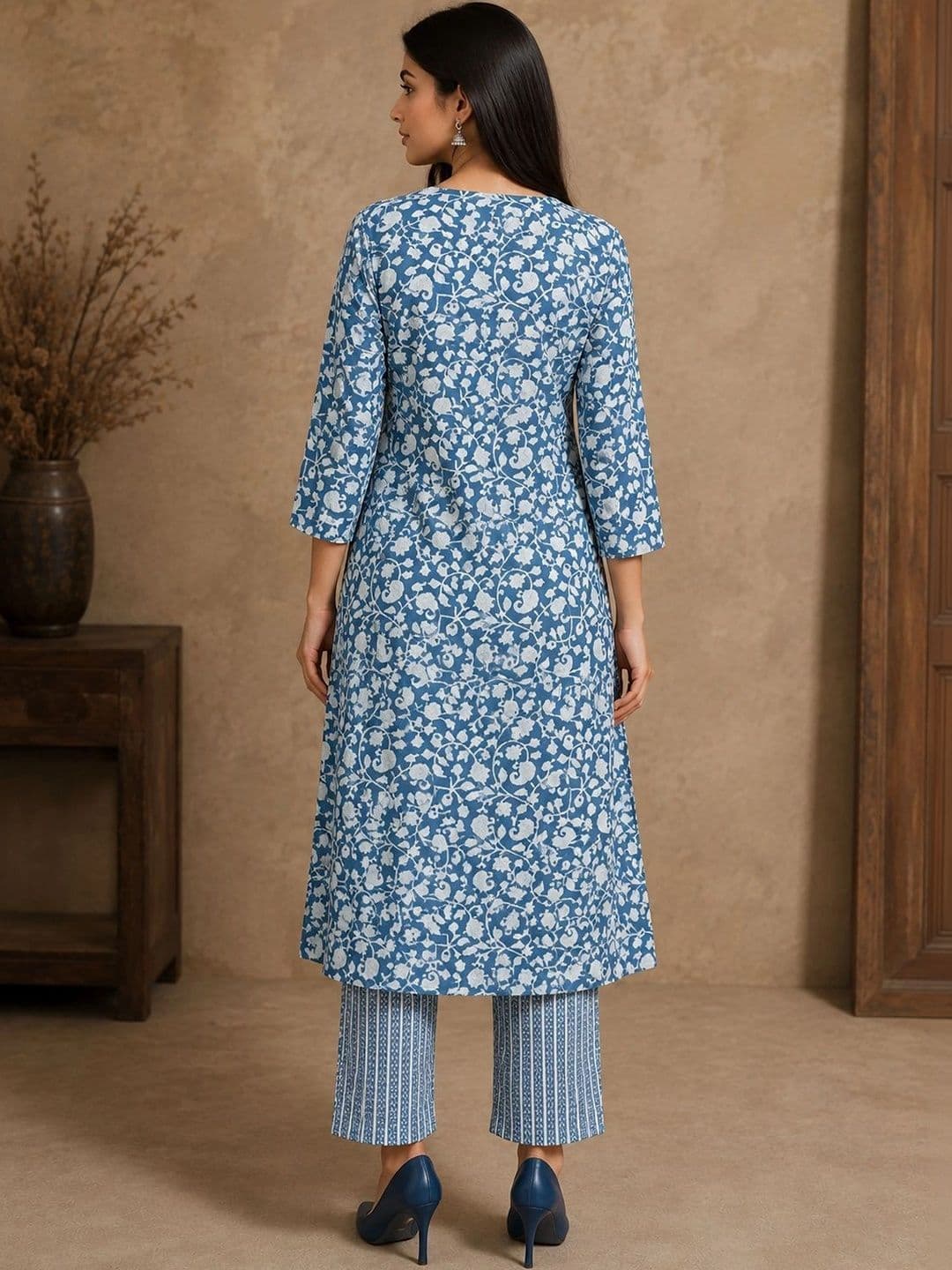 Bunai Women Floral Printed Regular Thread Work Kurta with Trousers thumbnail 5