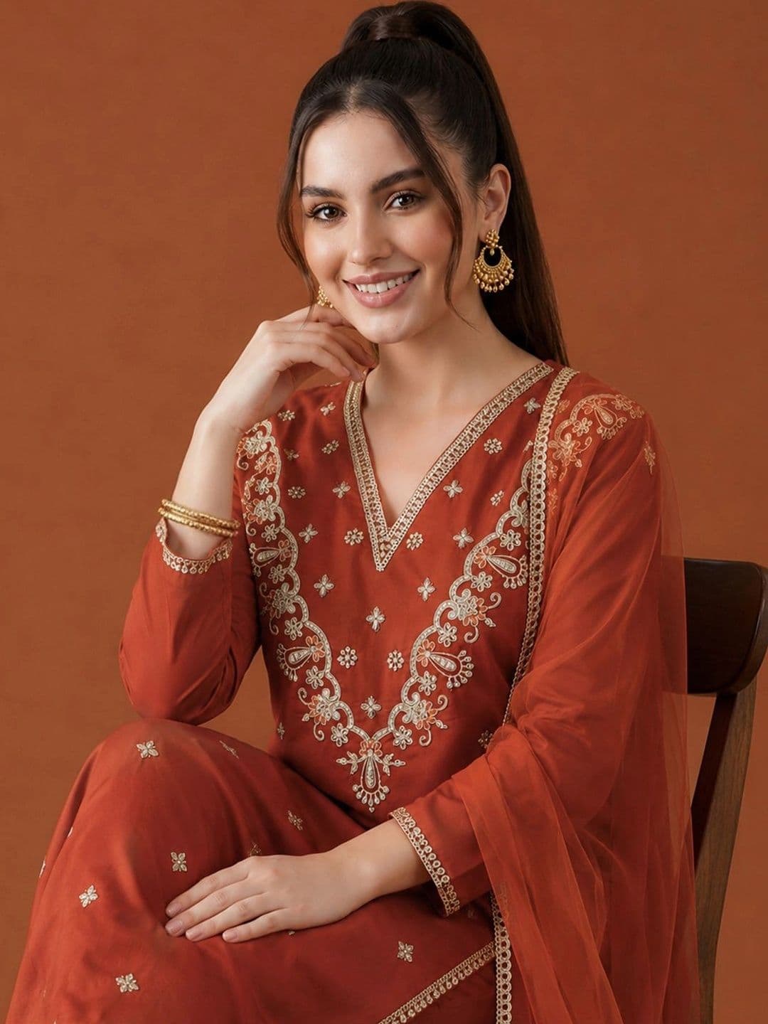 SAINOOR Women Ethnic Motifs Embroidered Regular Thread Work Kurta with Trousers & With Dupatta thumbnail 5