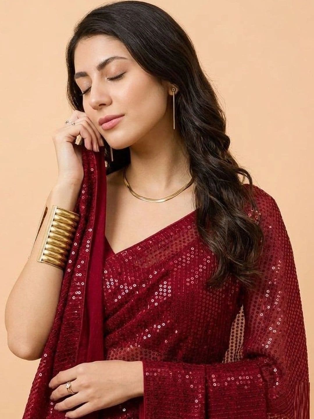 SZN Embellished Sequinned Poly Georgette Designer Saree thumbnail 5