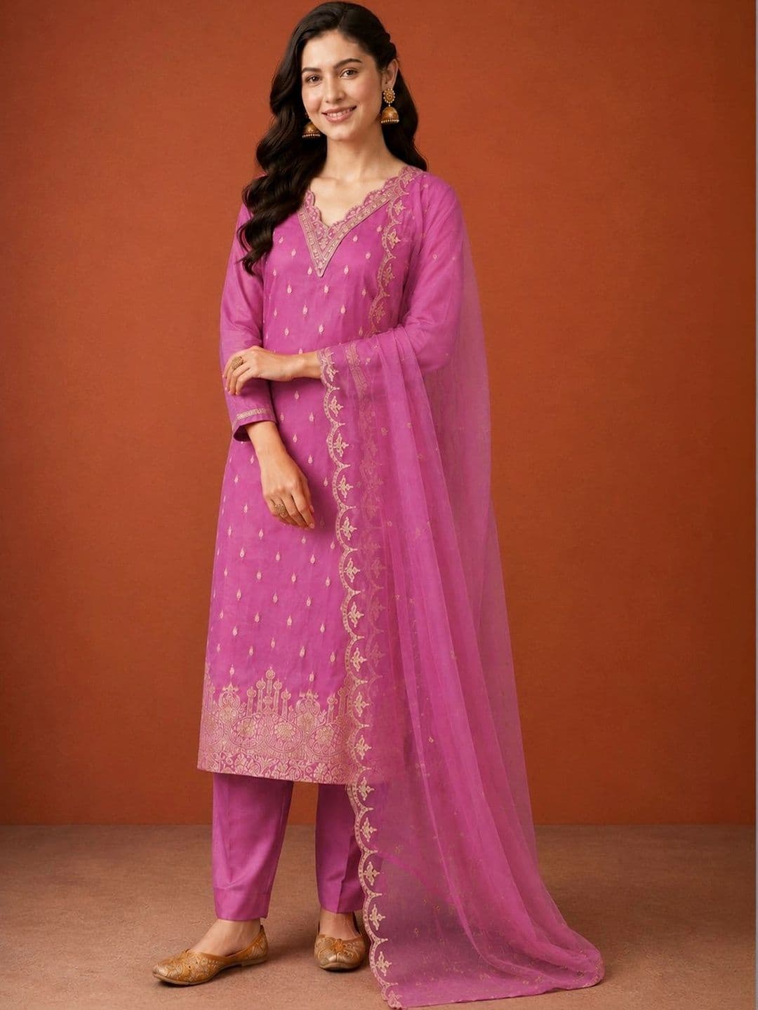 SAINOOR Women Ethnic Motifs Embroidered Regular Kurta with Trousers & With Dupatta thumbnail 5