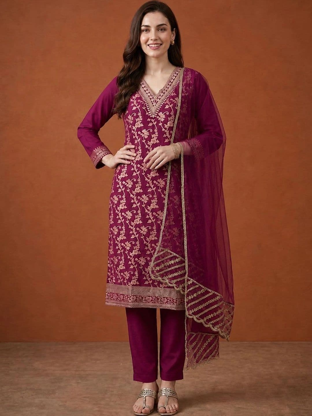 SAINOOR Women Ethnic Motifs Embroidered Regular Kurta with Trousers & With Dupatta thumbnail 6