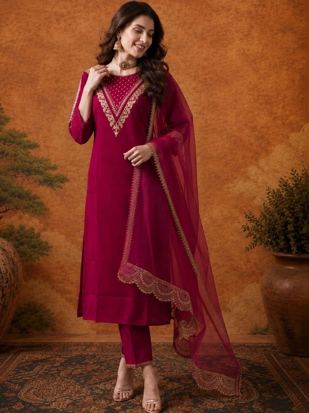 SAINOOR Women Ethnic Motifs Embroidered Regular Thread Work Kurta with Trousers & With Dupatta - view 1