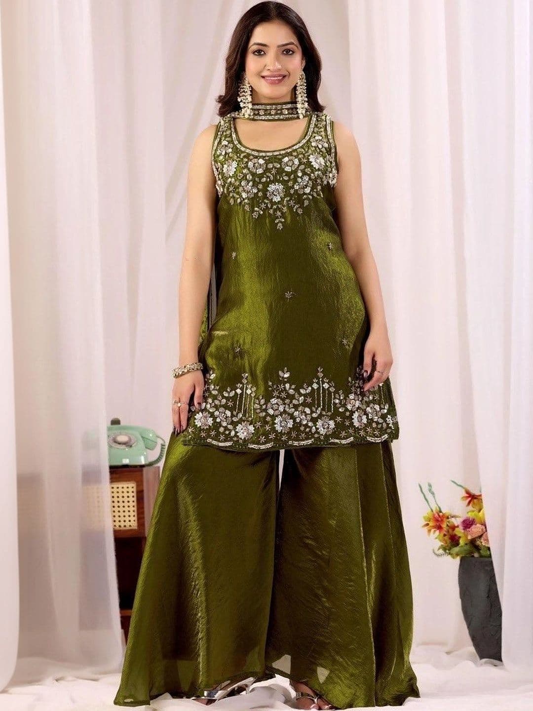 Bouncer Berry Women Ethnic Motifs Embroidered Regular Thread Work Pure Silk Kurta with Sharara & With Dupatta - view 1