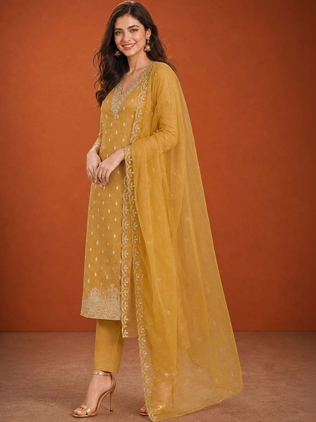 SAINOOR Women Ethnic Motifs Embroidered Regular Thread Work Kurta with Trousers & With Dupatta thumbnail 6