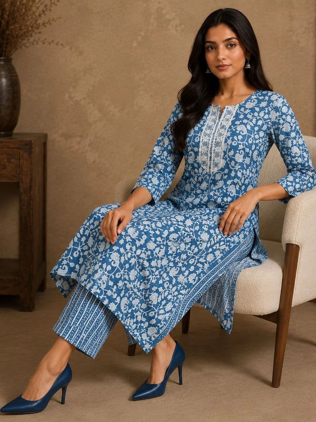 Bunai Women Floral Printed Regular Thread Work Kurta with Trousers thumbnail 2