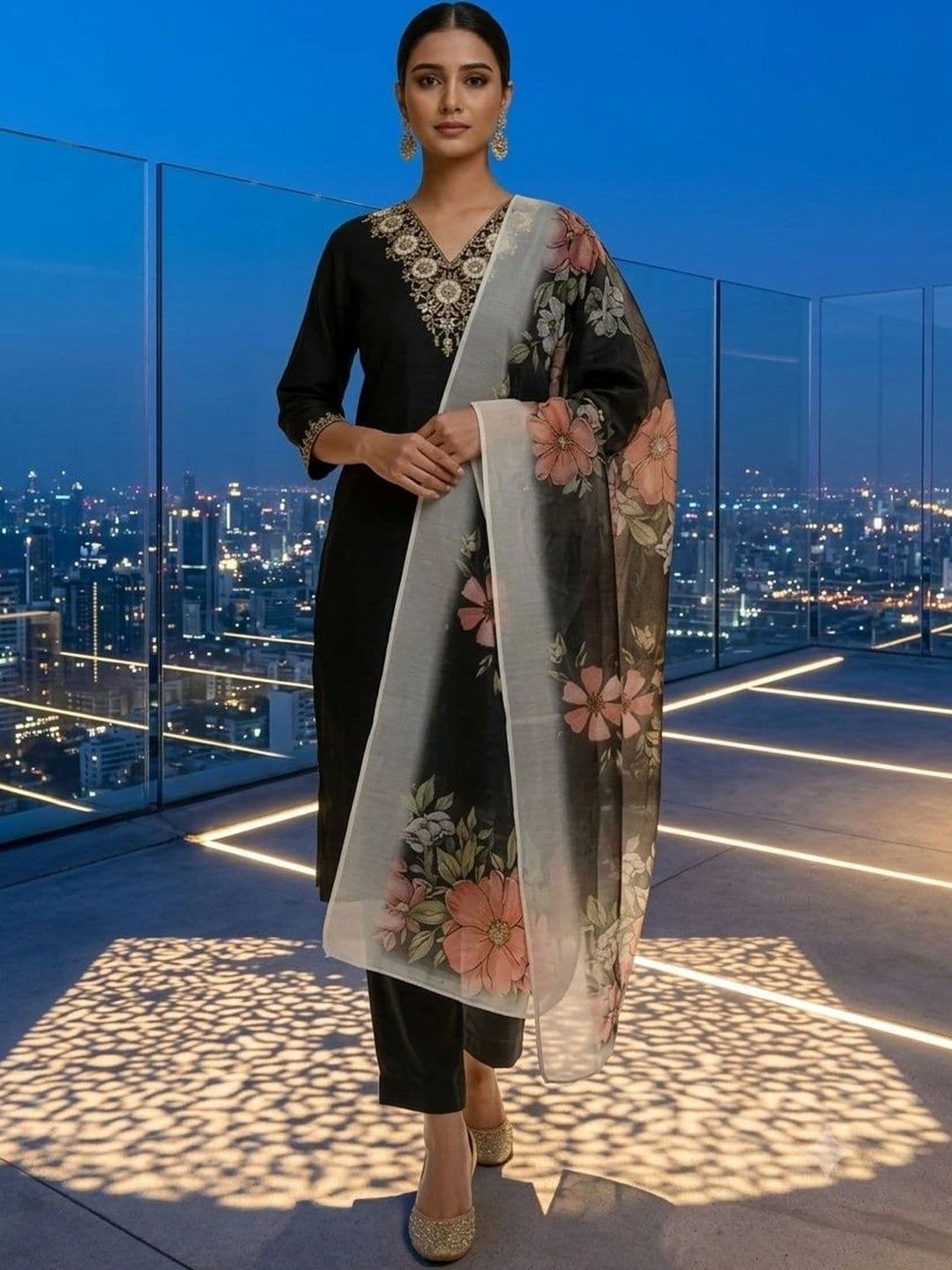 KALINI Women Floral Embroidered Regular Thread Work Kurta with Trousers & With Dupatta thumbnail 2