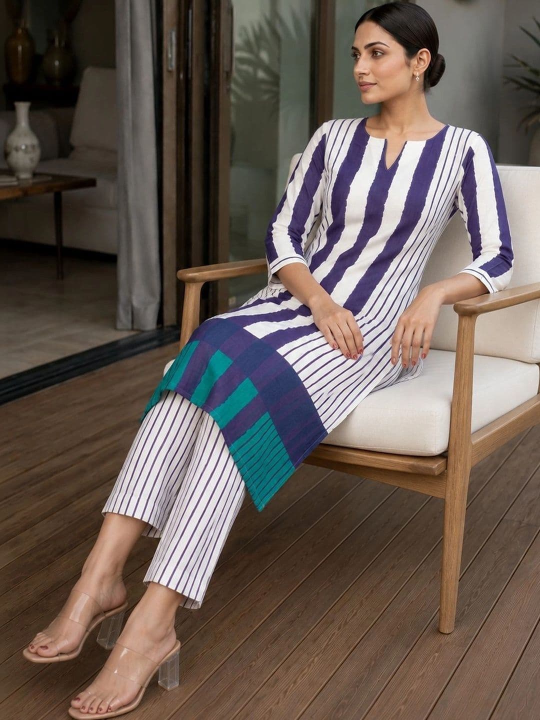 Bunai Women Striped Regular Kurta with Trousers thumbnail 2