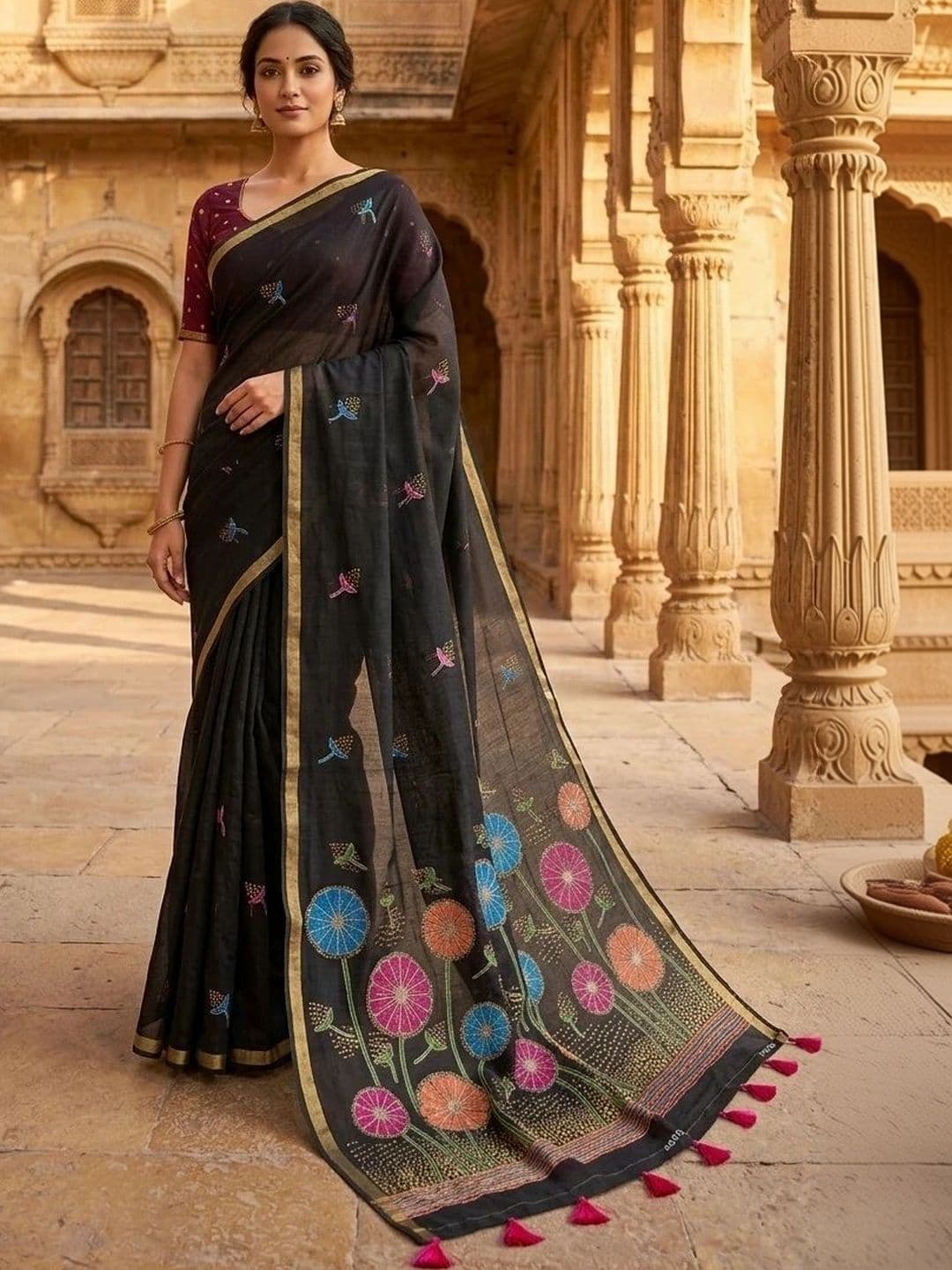 Fashion Mantra Embroidered Linen Blend Saree - view 1