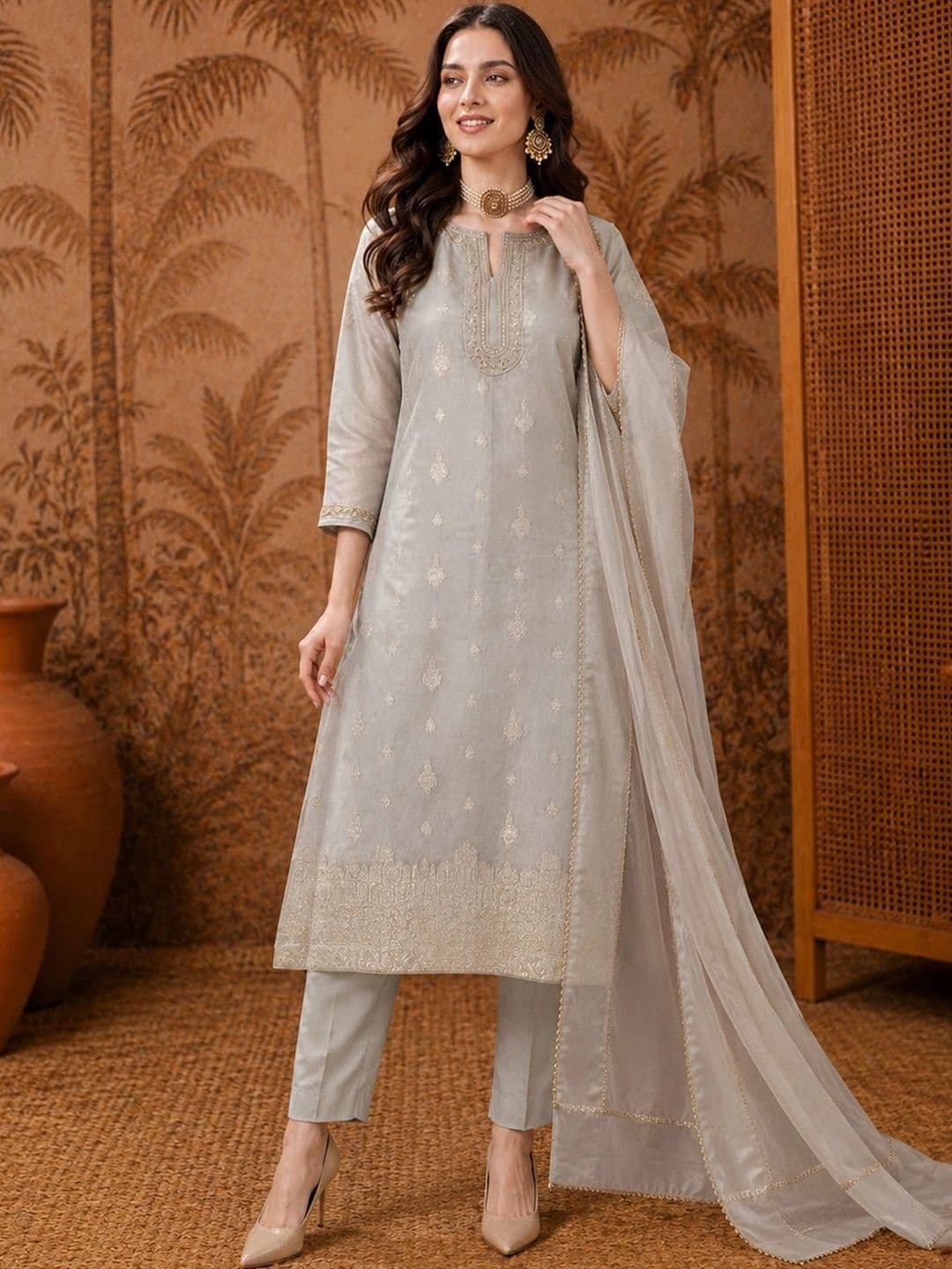 SAINOOR Women Ethnic Motifs Embroidered Regular Thread Work Kurta with Trousers & With Dupatta - view 1