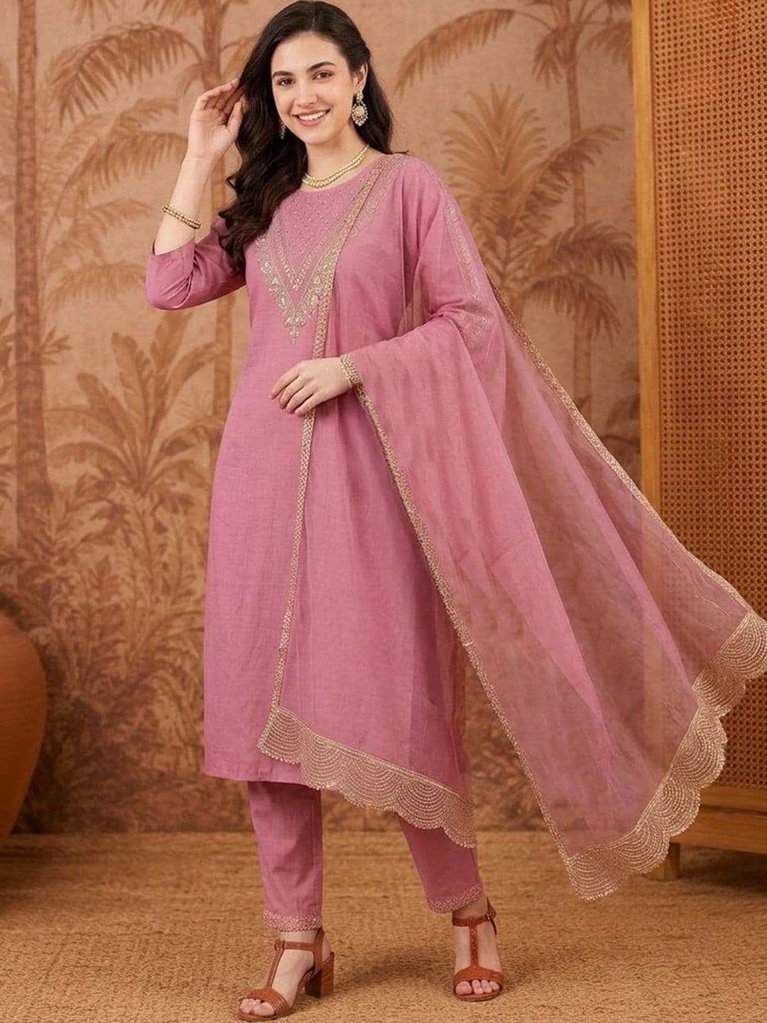 SAINOOR Women Ethnic Motifs Embroidered Regular Kurta with Trousers & With Dupatta - view 1