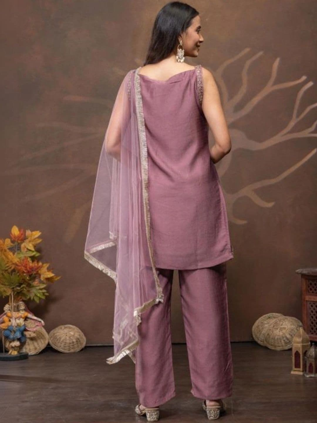 Aditexo Women Ethnic Motifs Embroidered Regular Thread Work Chanderi Silk Kurta with Palazzos & With Dupatta thumbnail 3