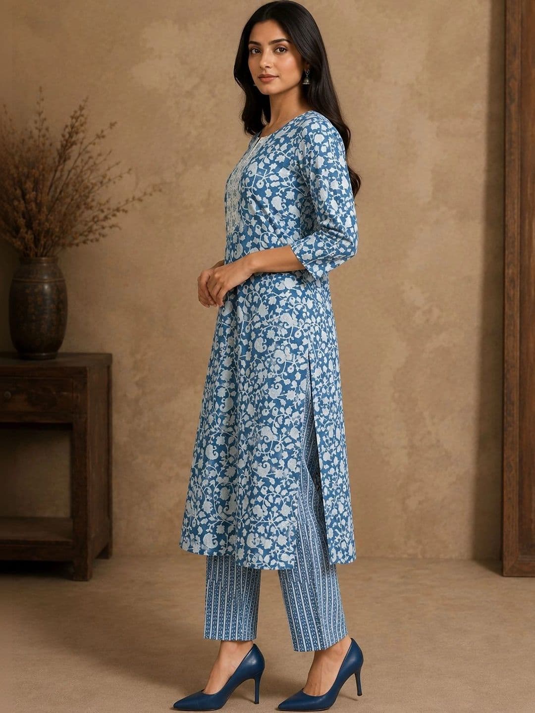 Bunai Women Floral Printed Regular Thread Work Kurta with Trousers thumbnail 4