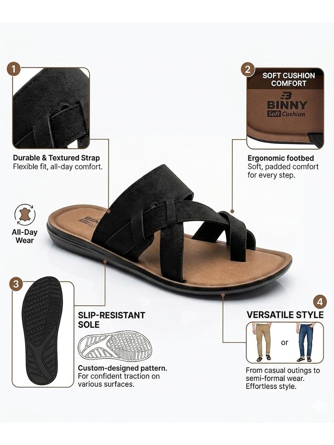 Binny Men Black Synthetic Comfort Toe-Ring Sandals With Cross-Strap Design thumbnail 6