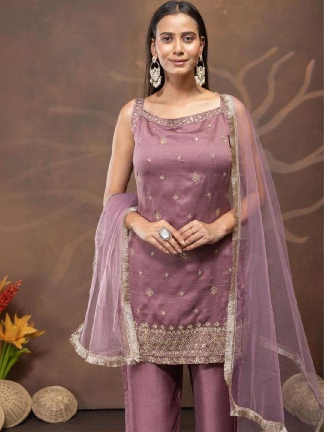 Aditexo Women Ethnic Motifs Embroidered Regular Thread Work Chanderi Silk Kurta with Palazzos & With Dupatta thumbnail 2