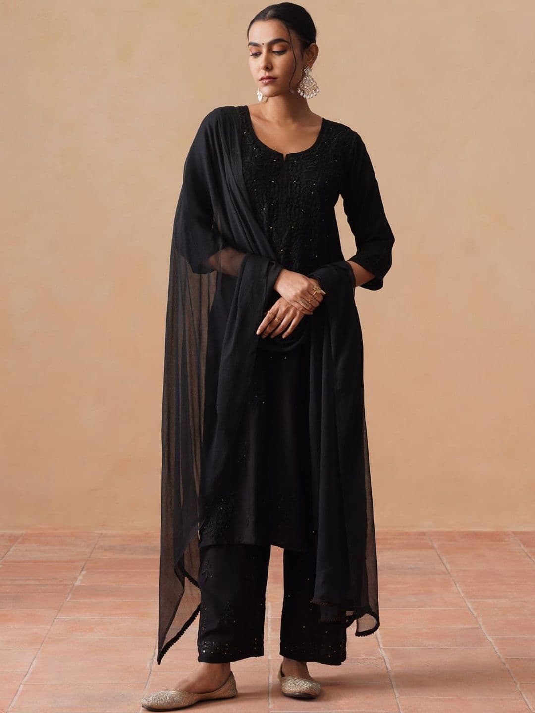 SAZRIKA Ethnic Motifs Embroidered Regular Thread Work Kurta with Palazzos & With Dupatta thumbnail 3
