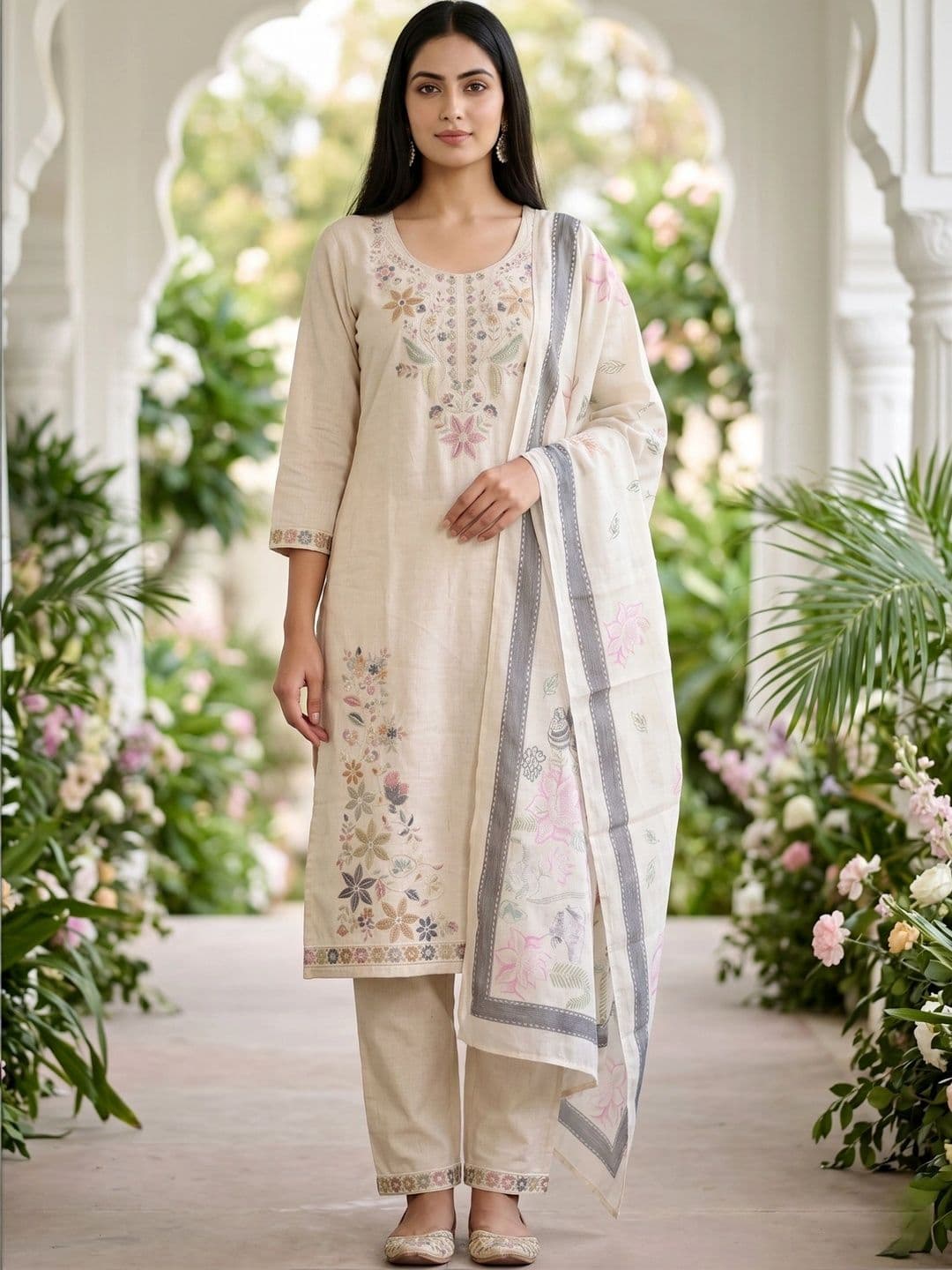 MATMA FASHION Women Floral Embroidered Regular Thread Work Pure Cotton Kurta with Trousers & With Dupatta - view 1