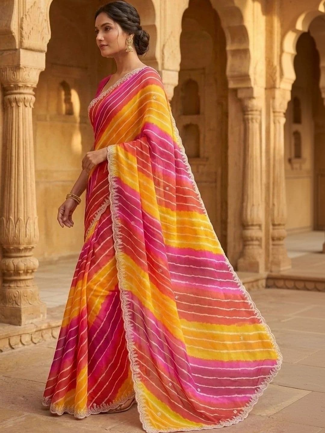 Fashion Mantra Leheriya Poly Georgette Saree thumbnail 4