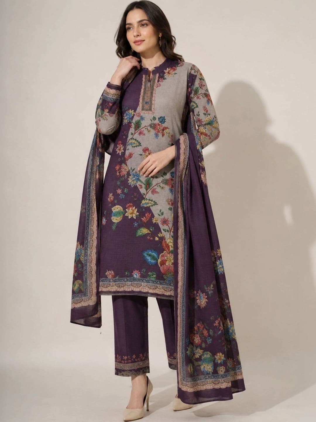 Wool's Kart Women Floral Printed Regular Kurta with Trousers & With Dupatta - view 1