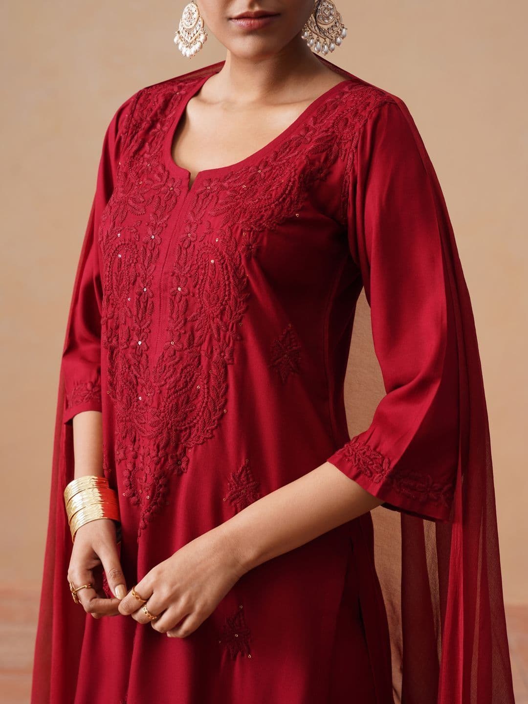 SAZRIKA Ethnic Motifs Embroidered Regular Thread Work Kurta with Palazzos & With Dupatta thumbnail 7