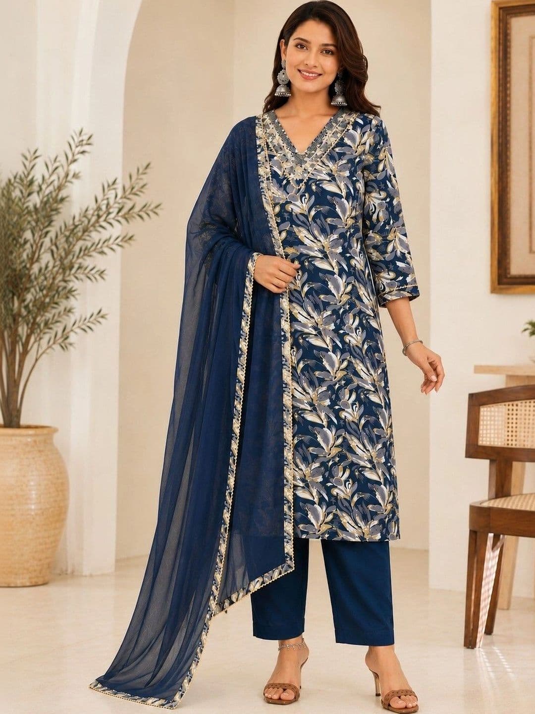 CHARVISCHOICE Women Ethnic Motifs Printed Regular Thread Work Kurta with Trousers & With Dupatta - view 1