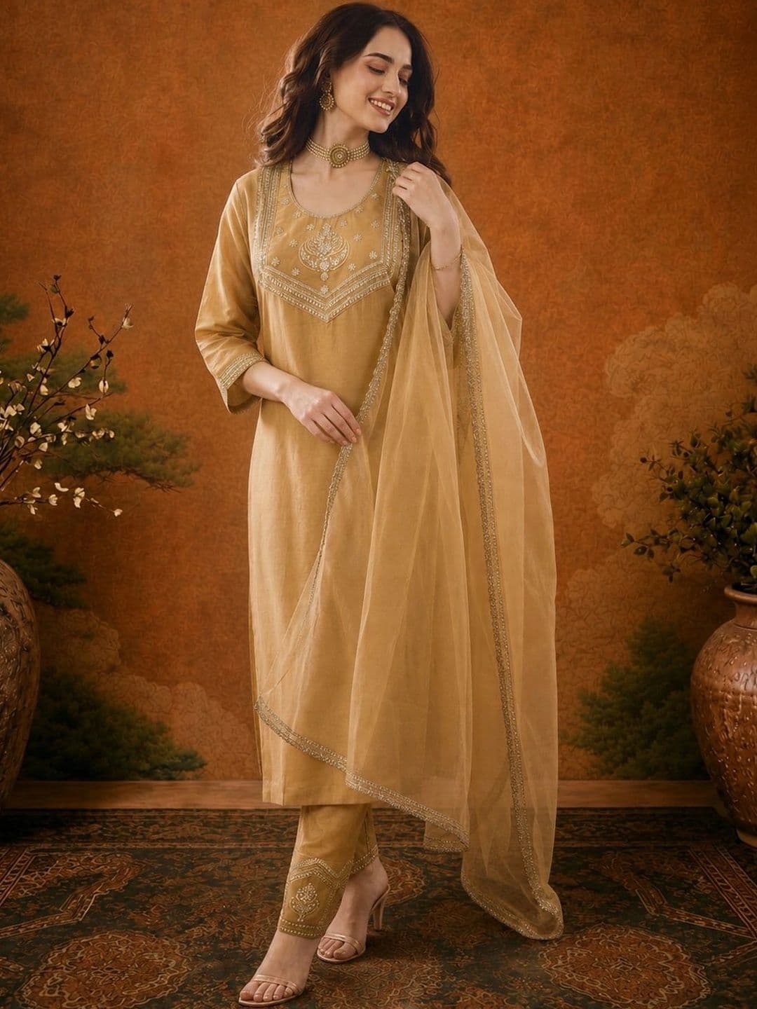 SAINOOR Women Ethnic Motifs Embroidered Regular Thread Work Kurta with Trousers & With Dupatta - view 1