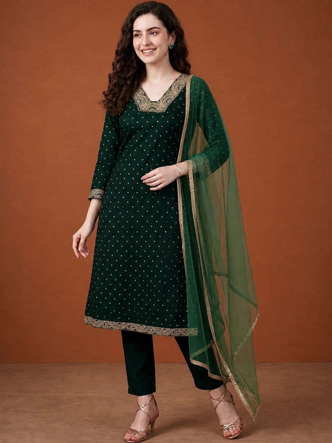 SAINOOR Women Ethnic Motifs Embroidered Regular Kurta with Trousers & With Dupatta thumbnail 3
