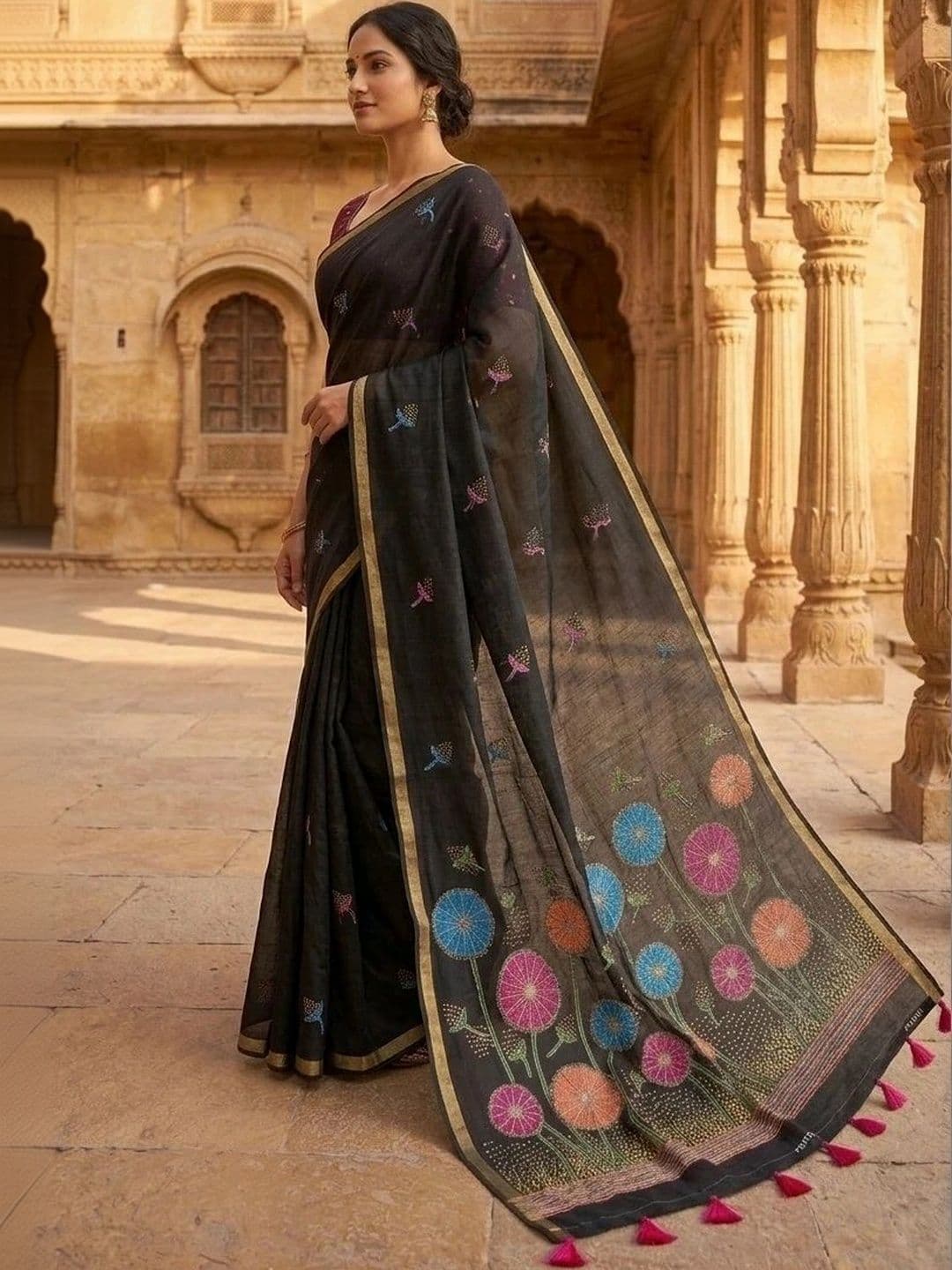 Fashion Mantra Embroidered Linen Blend Saree thumbnail 4