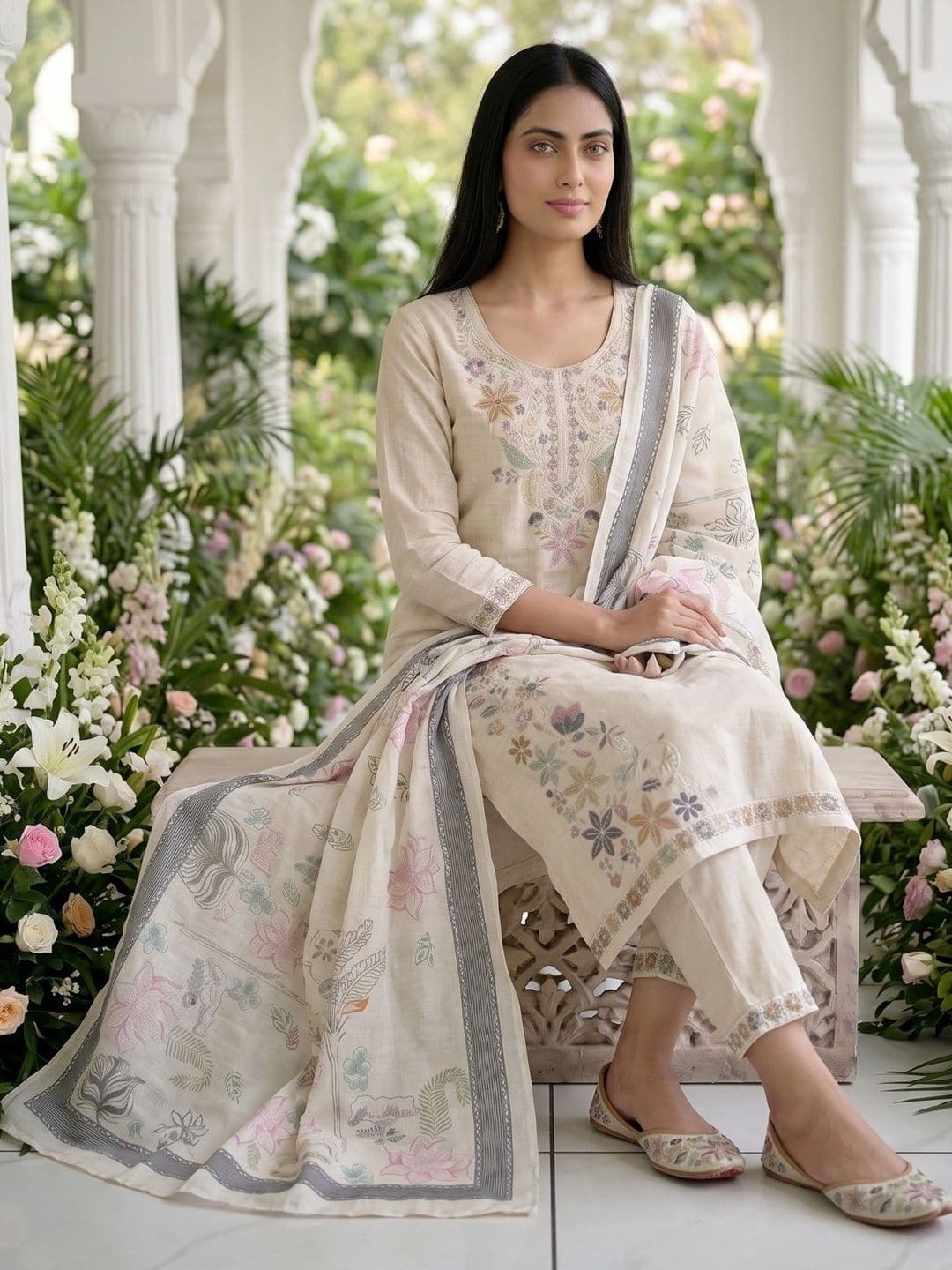 MATMA FASHION Women Floral Embroidered Regular Thread Work Pure Cotton Kurta with Trousers & With Dupatta thumbnail 4