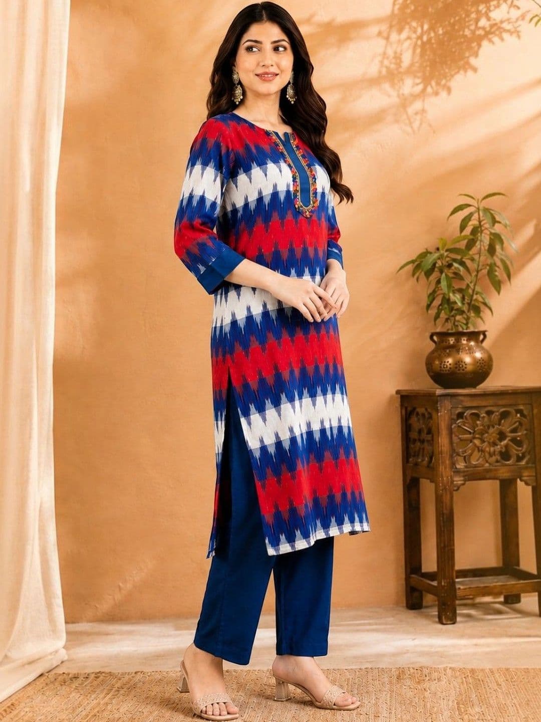 EELIKA Women Printed Regular Thread Work Pure Cotton Kurta with Trousers thumbnail 5