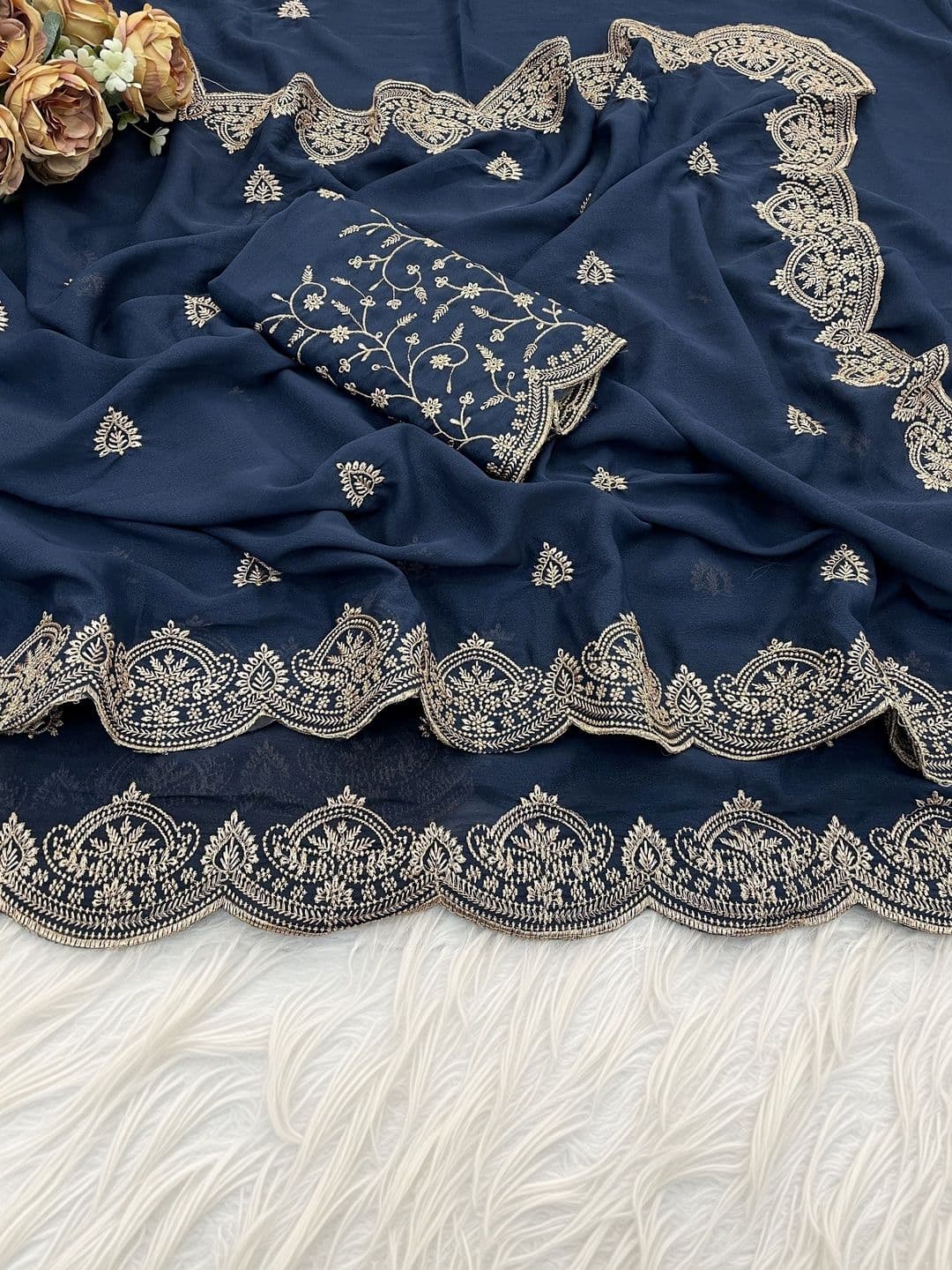 Vastra Drape Embellished Embroidered Poly Georgette Saree thumbnail 3