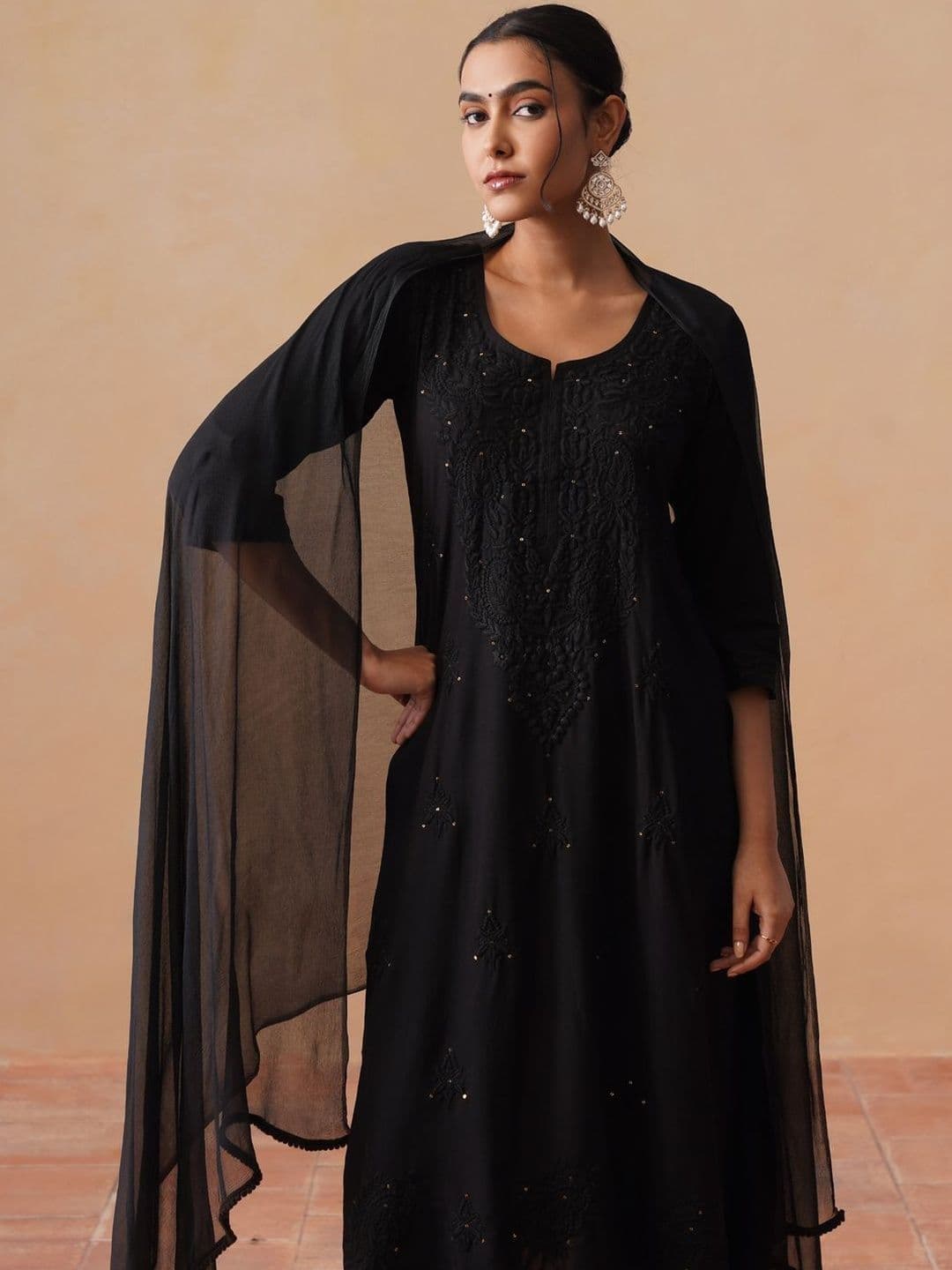 SAZRIKA Ethnic Motifs Embroidered Regular Thread Work Kurta with Palazzos & With Dupatta thumbnail 2