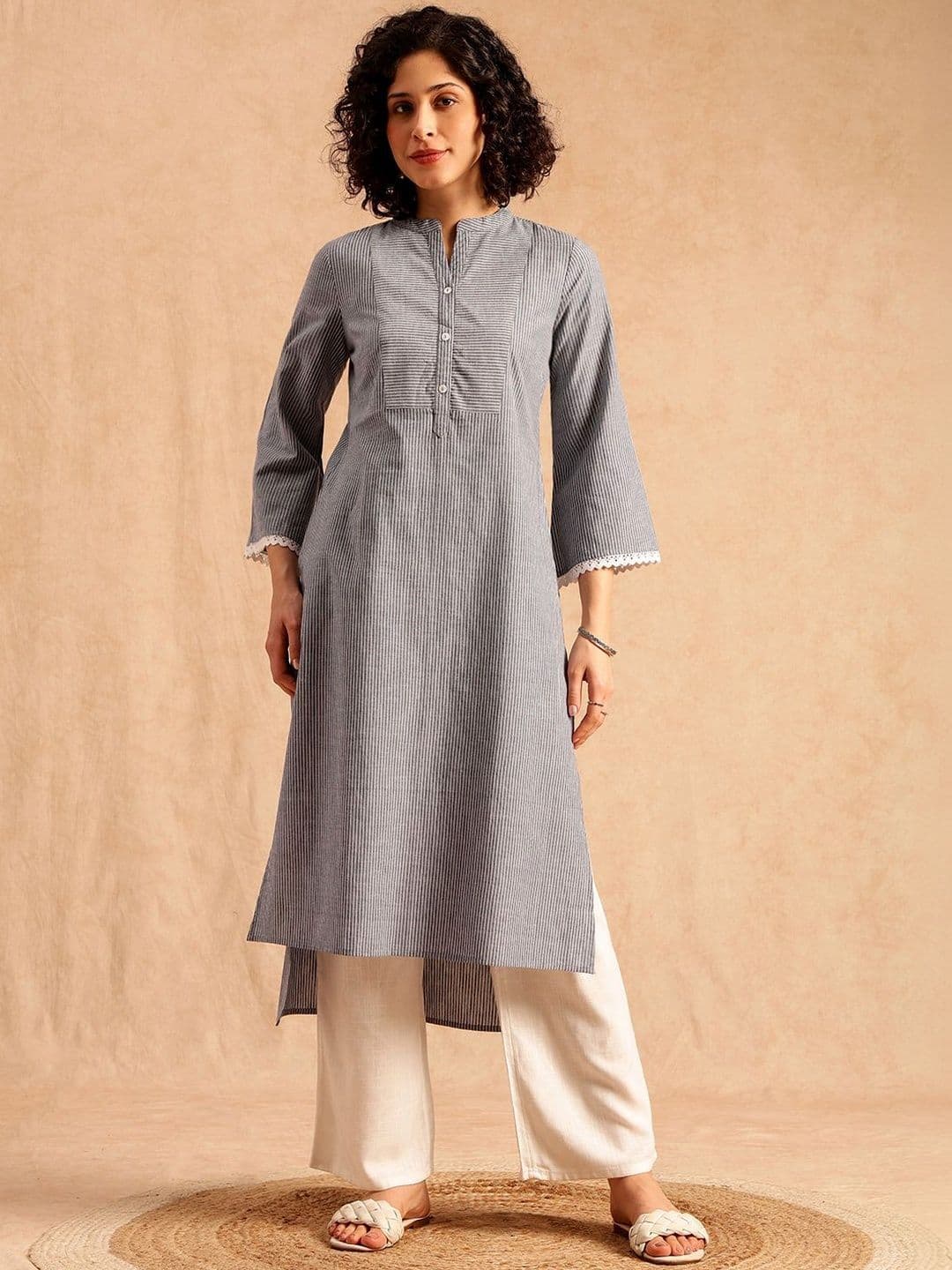 Anouk Women Striped Printed Mandarin Collar Regular Sleeves Kurta thumbnail 2